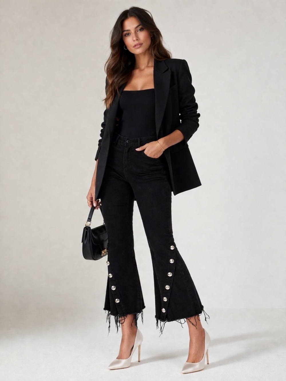 RACHEL ROY Crop Flare Silver Studded Black Denim Pants 25